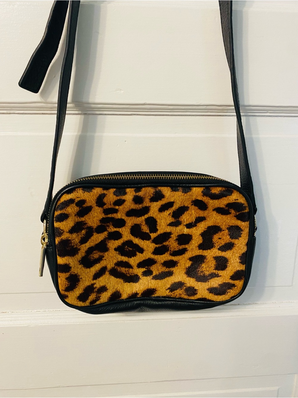 Talbots Leopard Print Crossbody Bag - Black Trim with Gold Accents